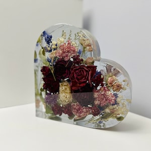 Custom Epoxy Resin Floral Preservation Keepsake - Handmade wedding or funeral memorial pieces - large heart, letter and square floral block