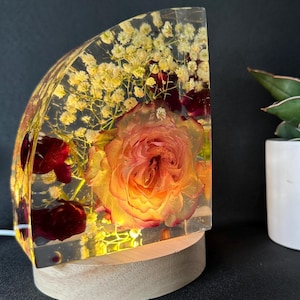 Preserved Pink Rose & Baby's Breath Resin Light | Floral Arch Block Lamp, Floral Night Light, One-of-a-Kind Epoxy Art, Romantic Home Decor